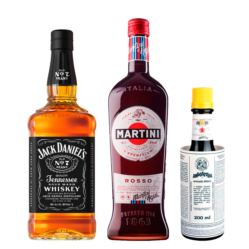 Combo para Coquetel Manhattan Clássico-1 Whisky Jack Daniel's 1l+1 Martini Vermouth Rosso 750ml+1 Angostura Aromatic Bitters 200ml