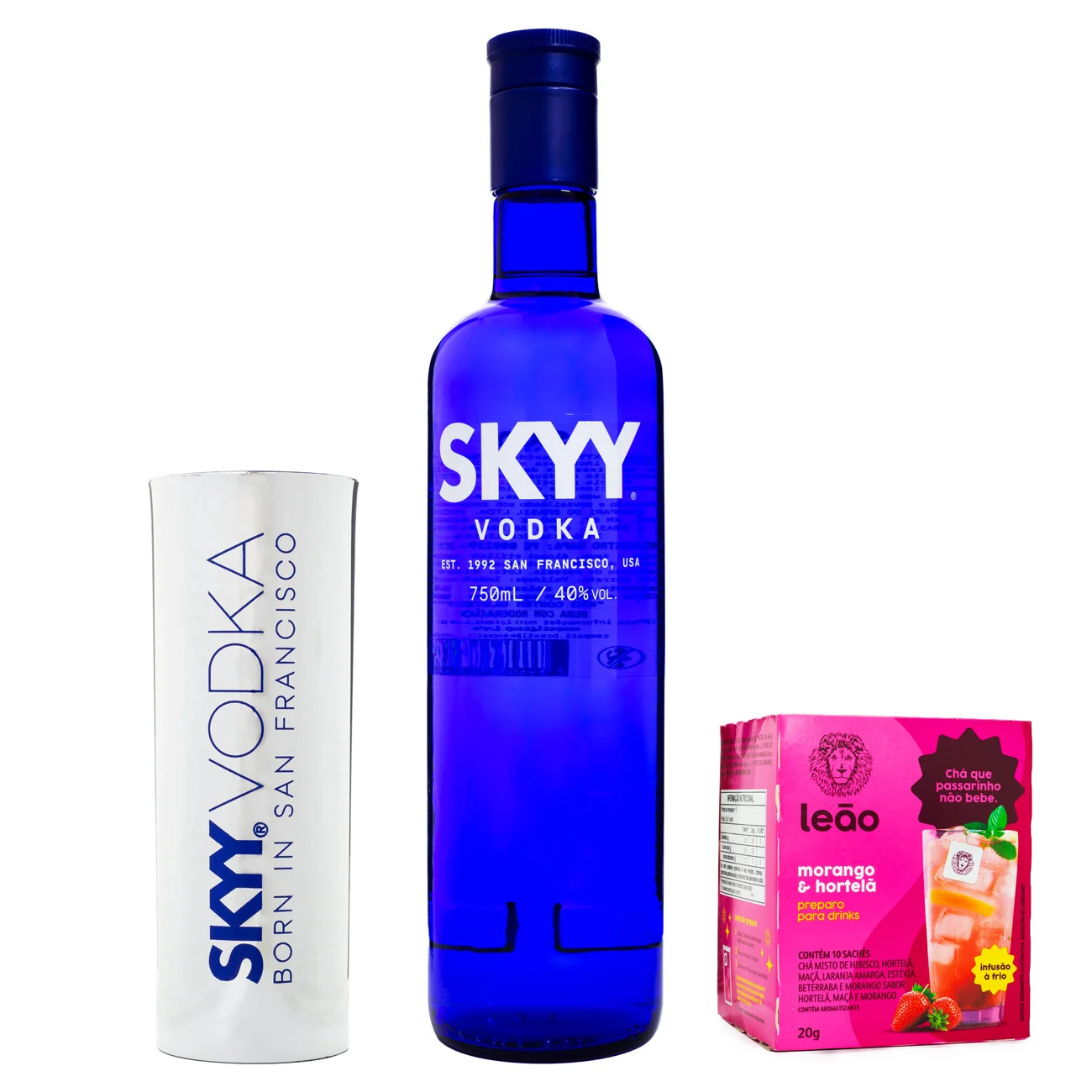 Kit Vodka Skyy 750ml + Caixa Preparo para Drinks Chás Leão Morango com Hortelã + Copo Acrílico