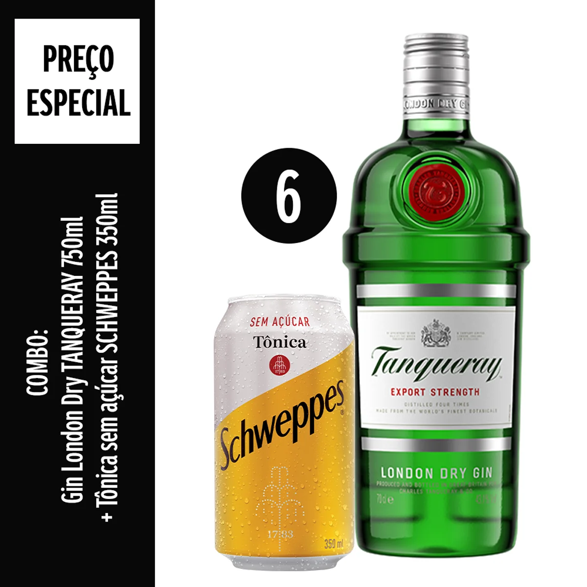 Kit Gin Tanqueray London Dry Garrafa 750ml + Água Tônica SCHWEPPES sem Açúcar Lata 350ml 6 unidades
